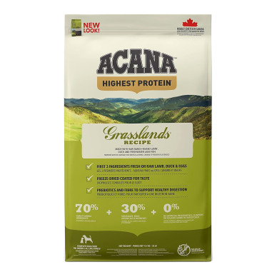 ACANA Highest Protein Grasslands – hrană uscată fără cereale pentru câini, bogată în proteine animale, 11,4 kg